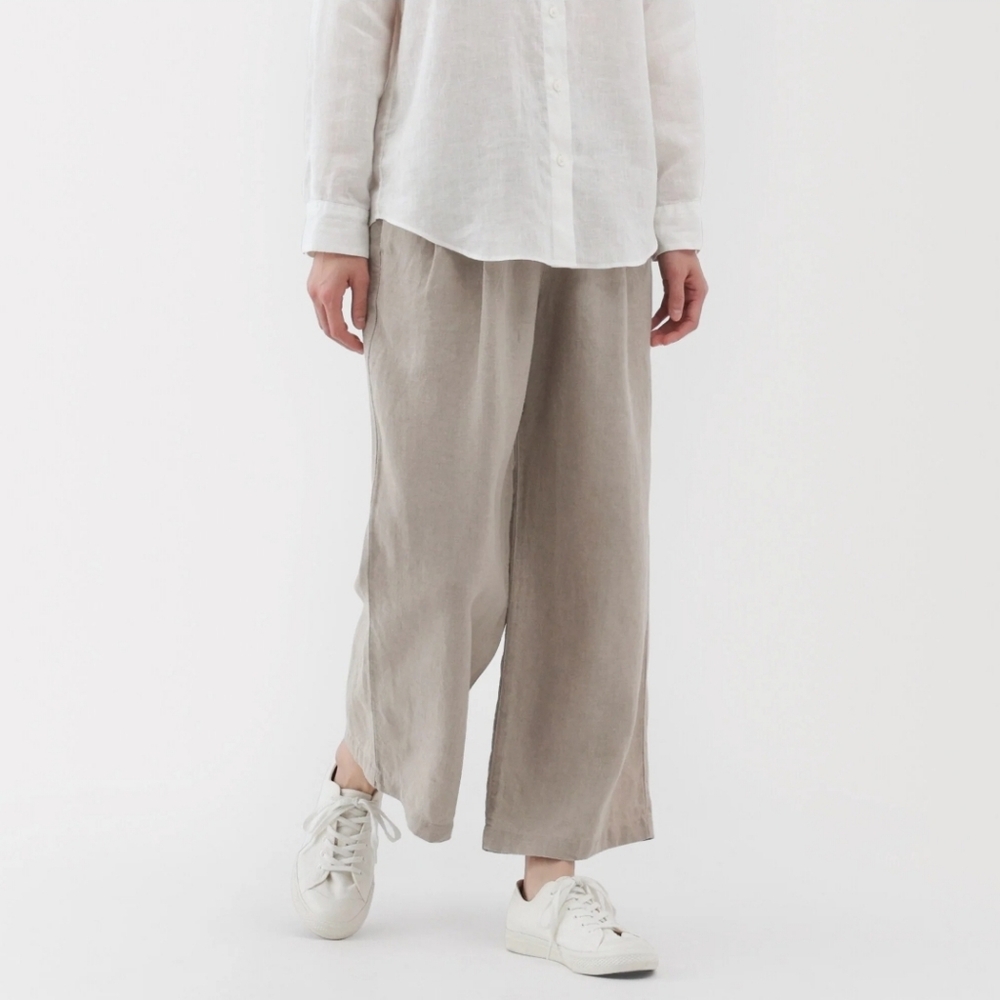 MUJI Womens 100% Linen Washed Easy Wide Pants Natural linen color